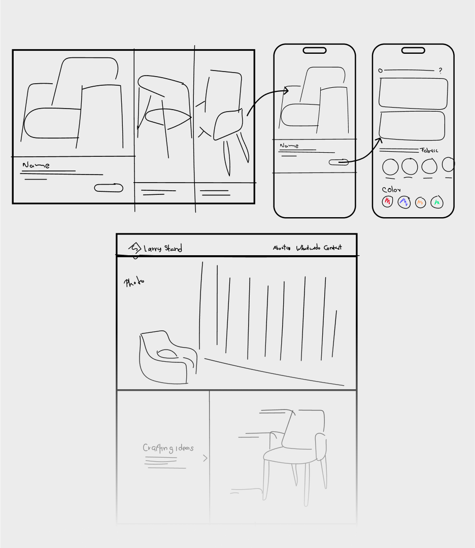 Larry Stand: hand wireframes, drafted like furniture