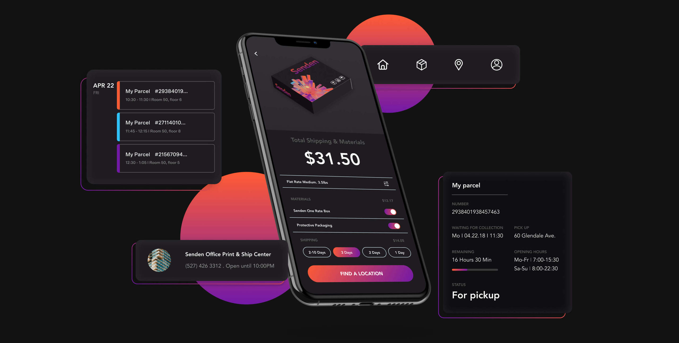 Senden: the sender flow, black, orange, purple